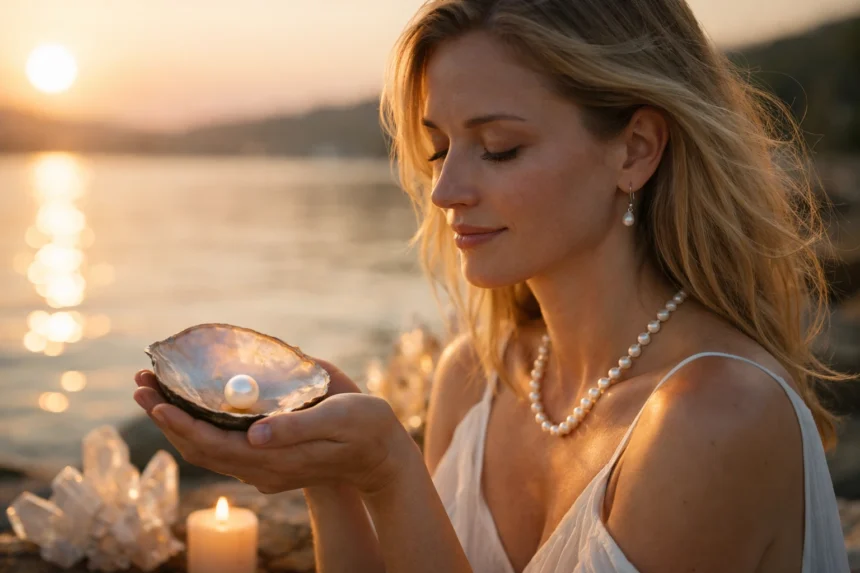 Nő gyöngyházi fényben, gyöngy a tenyérben, békés környezetben.