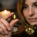 Nő macskaszem követ tart a kezében, gyertyafénynél.