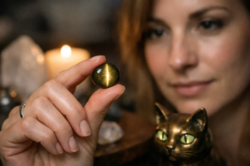 Nő macskaszem követ tart a kezében, gyertyafénynél.