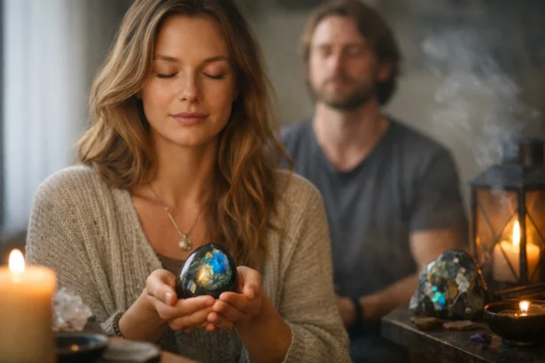 A labradorit ásvány meditáció közben. Fedezd fel rejtett erejét.