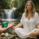 Smaragd kő gyógyító ereje mellett meditáló nő a természetben.