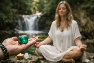 Smaragd kő gyógyító ereje mellett meditáló nő a természetben.