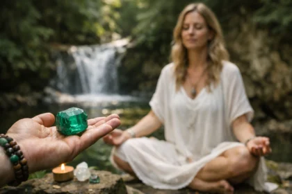 Smaragd kő gyógyító ereje mellett meditáló nő a természetben.