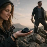 Nő obszidián kővel a kezében, férfi háttérben védelmező szerepben