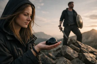 Nő obszidián kővel a kezében, férfi háttérben védelmező szerepben