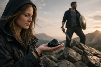 Nő obszidián kővel a kezében, férfi háttérben védelmező szerepben