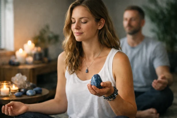 Nő meditál dumortierit kővel, szemben gyertyák és kristályok.