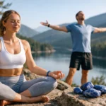 Meditáló nő szodalit kövekkel a természetben, háttérben energikus férfi.