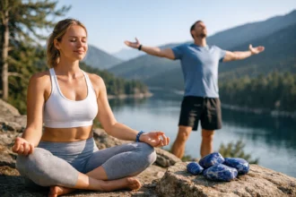 Meditáló nő szodalit kövekkel a természetben, háttérben energikus férfi.
