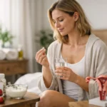 Nő probiotikumot szed, egészséges életmód részeként.