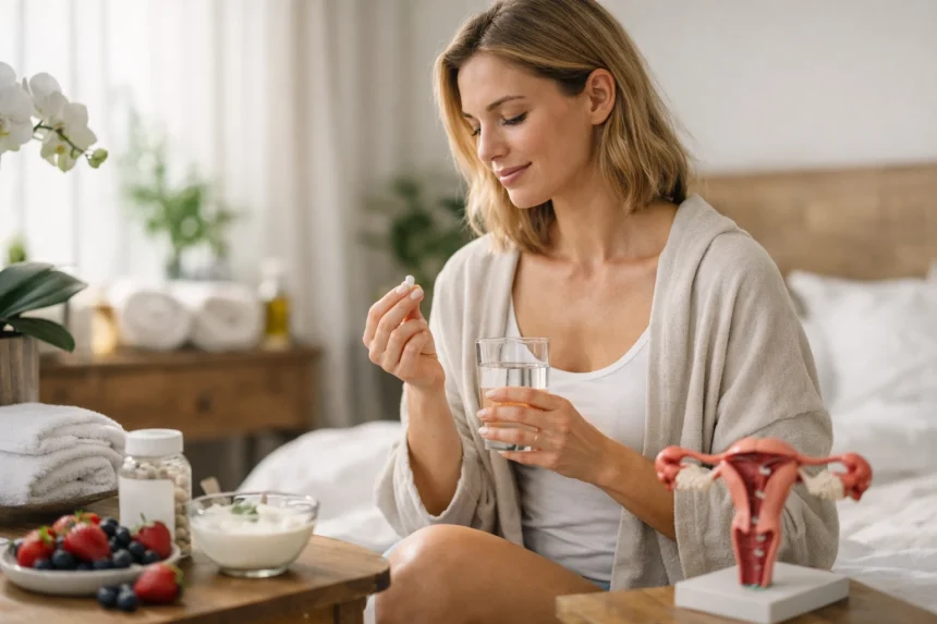 Nő probiotikumot szed, egészséges életmód részeként.