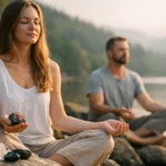Meditáló pár turmalinnal a szabadban, a lelki egyensúly érdekében.