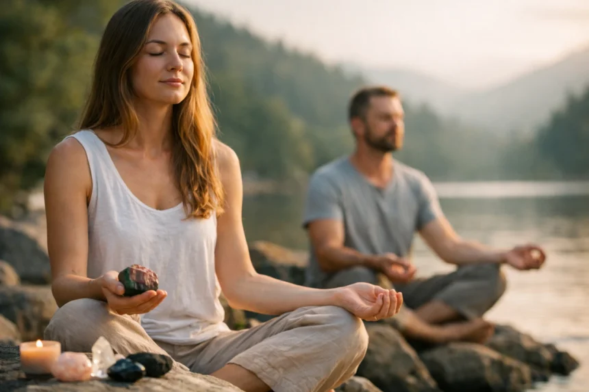 Meditáló pár turmalinnal a szabadban, a lelki egyensúly érdekében.