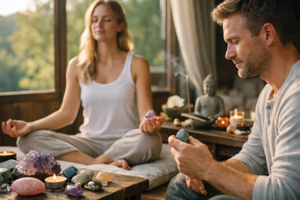 Két ember meditál ásványokkal, körülöttük gyertyák és Buddha szobor.