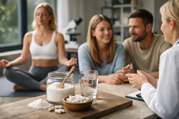 Nők a táplálkozásról és inozitoltartalmú étrend-kiegészítőkről beszélgetnek.