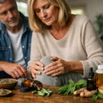 Idős pár gyógynövény kapszulákkal és fájdalmas ízülettel.