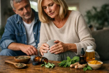 Idős pár gyógynövény kapszulákkal és fájdalmas ízülettel.