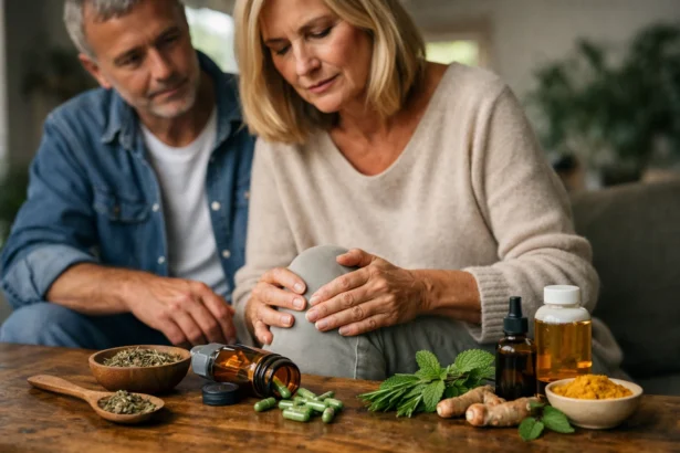 Idős pár gyógynövény kapszulákkal és fájdalmas ízülettel.
