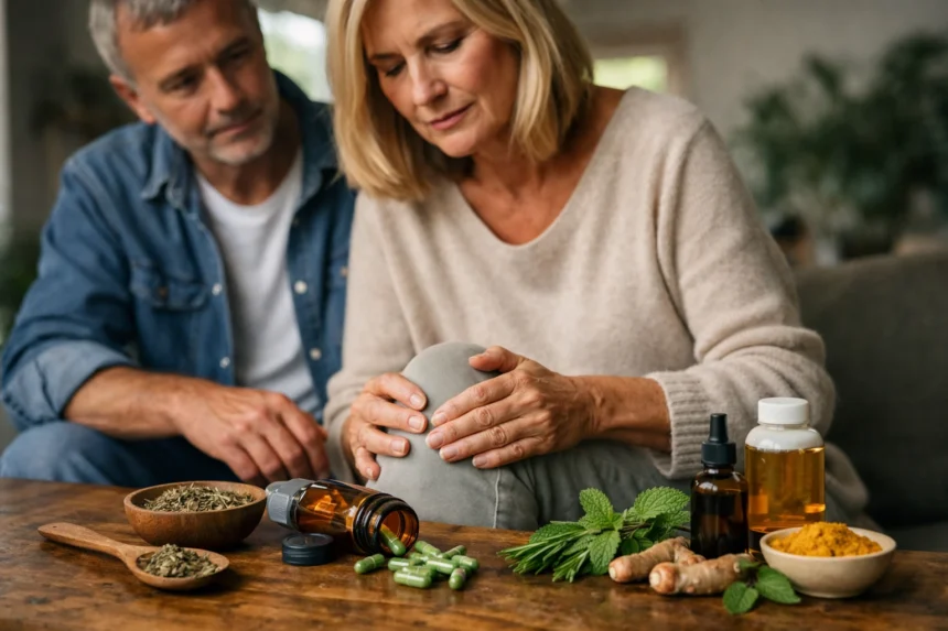 Idős pár gyógynövény kapszulákkal és fájdalmas ízülettel.