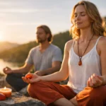 Karneol meditáló pár a természetben naplementében