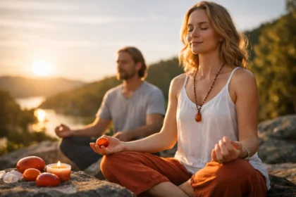 Karneol meditáló pár a természetben naplementében