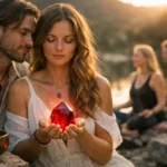 Nő rubin kristállyal meditáló környezetben, férfi jelenlétében.