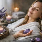 Nő levendula és ametiszt közelében, relaxáció közben.