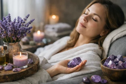 Nő levendula és ametiszt közelében, relaxáció közben.