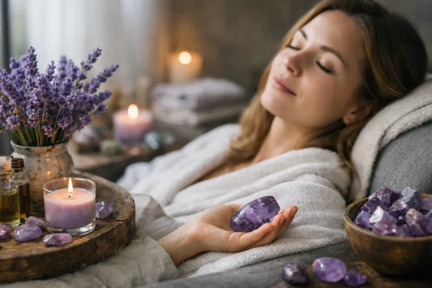 Nő levendula és ametiszt közelében, relaxáció közben.