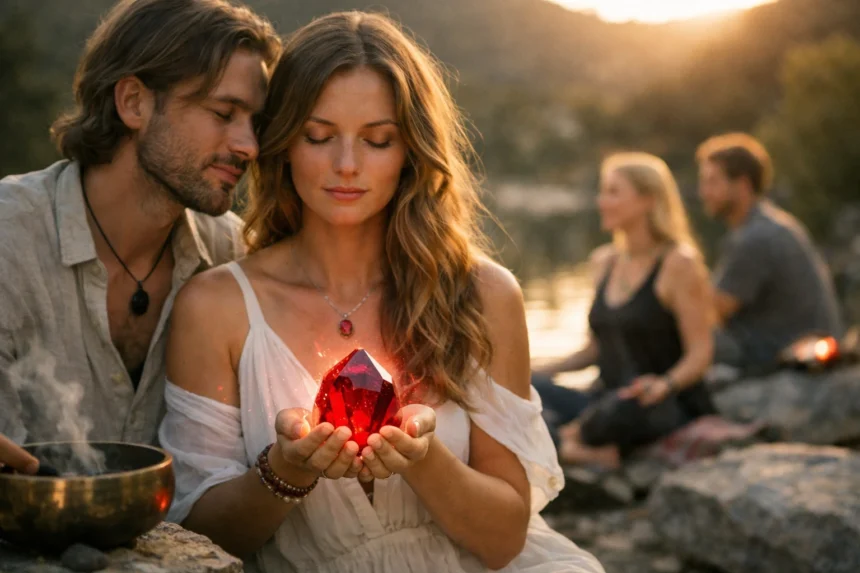 Nő rubin kristállyal meditáló környezetben, férfi jelenlétében.