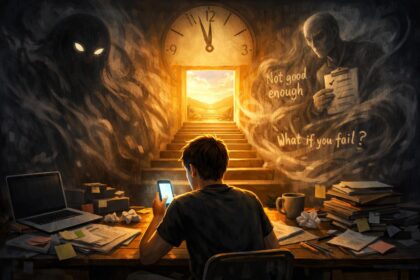 Ember a laptop előtt ül, halogatást felismerve, a feladatok tornyosulnak.