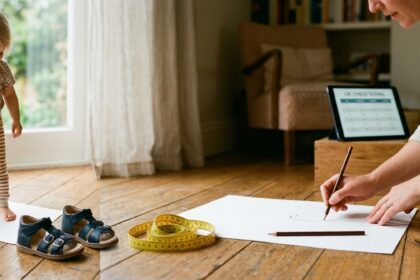 Egy gyermek lábának mérése szandál vásárláshoz, háttérben online mérettáblázat.