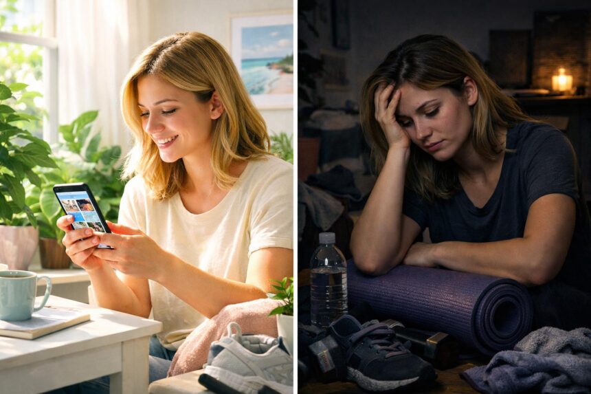 Képen egy személy ül a kanapén, telefonja előtt görgetve, és közben gondolkodik.